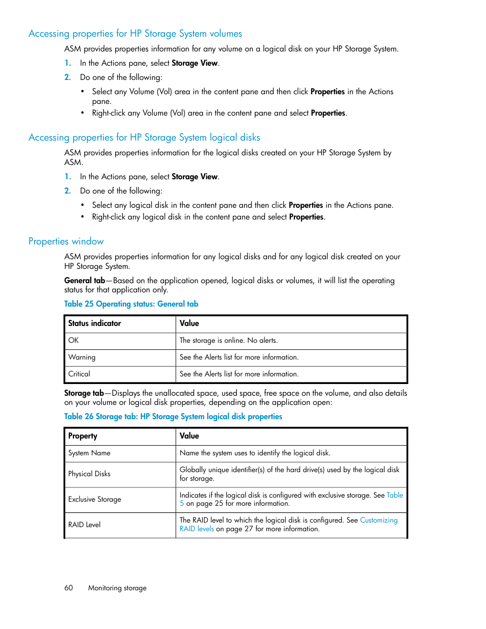 Operating status: general tab, Accessing properties for hp storage system volumes | HP StoreEasy 1000 Storage User Manual | Page 60 / 72