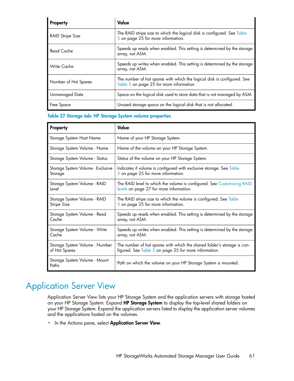 Application server view, Storage tab: hp storage system volume properties | HP StoreEasy 1000 Storage User Manual | Page 61 / 72