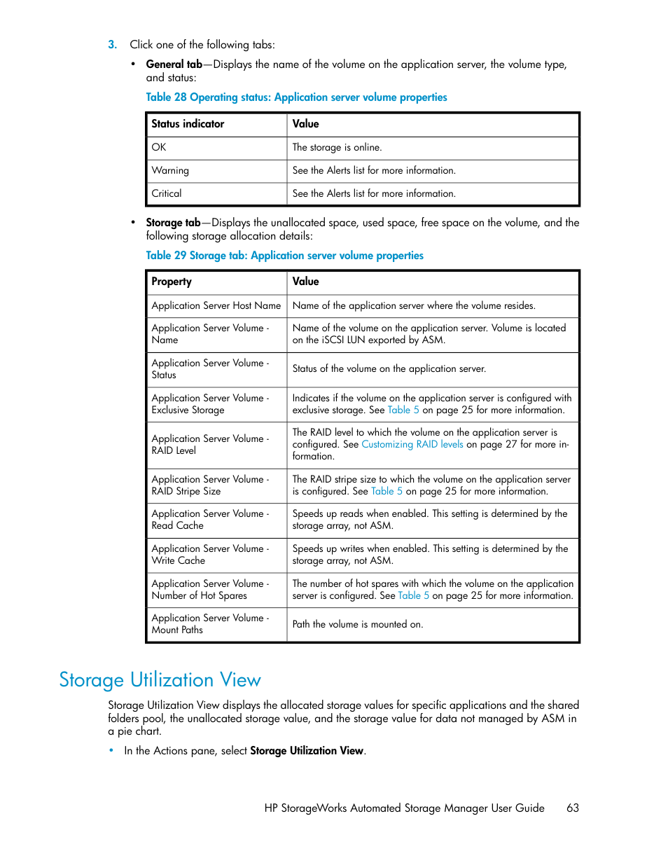 Storage utilization view, Storage tab: application server volume properties | HP StoreEasy 1000 Storage User Manual | Page 63 / 72