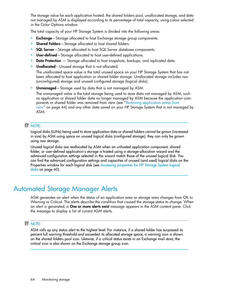 Automated storage manager alerts | HP StoreEasy 1000 Storage User Manual | Page 64 / 72