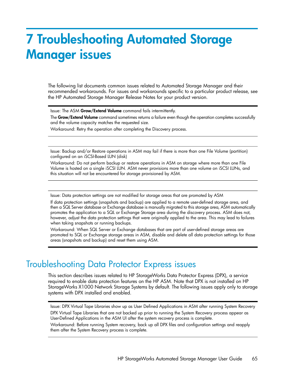 7 troubleshooting automated storage manager issues, Troubleshooting data protector express issues | HP StoreEasy 1000 Storage User Manual | Page 65 / 72