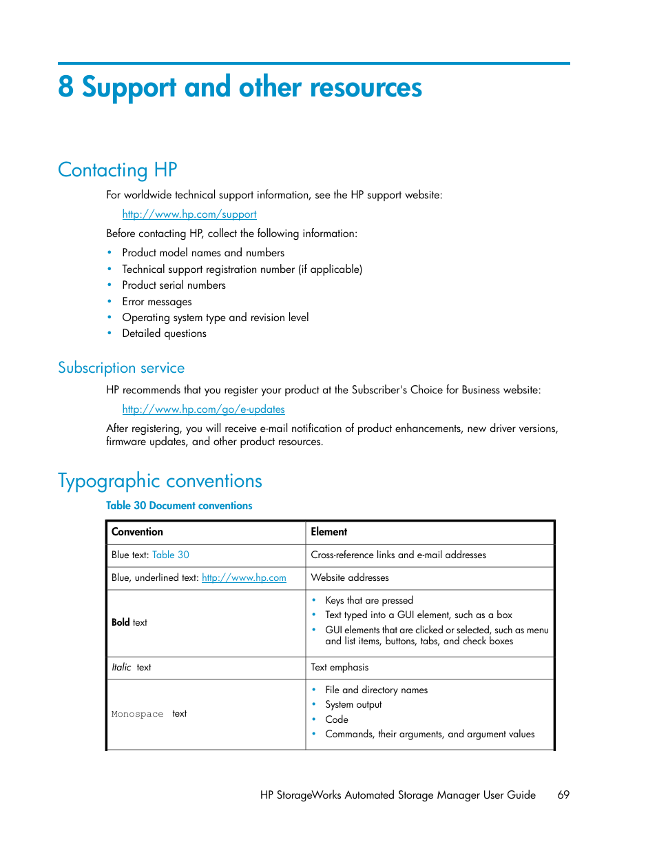 8 support and other resources, Contacting hp, Subscription service | Typographic conventions, Document conventions | HP StoreEasy 1000 Storage User Manual | Page 69 / 72