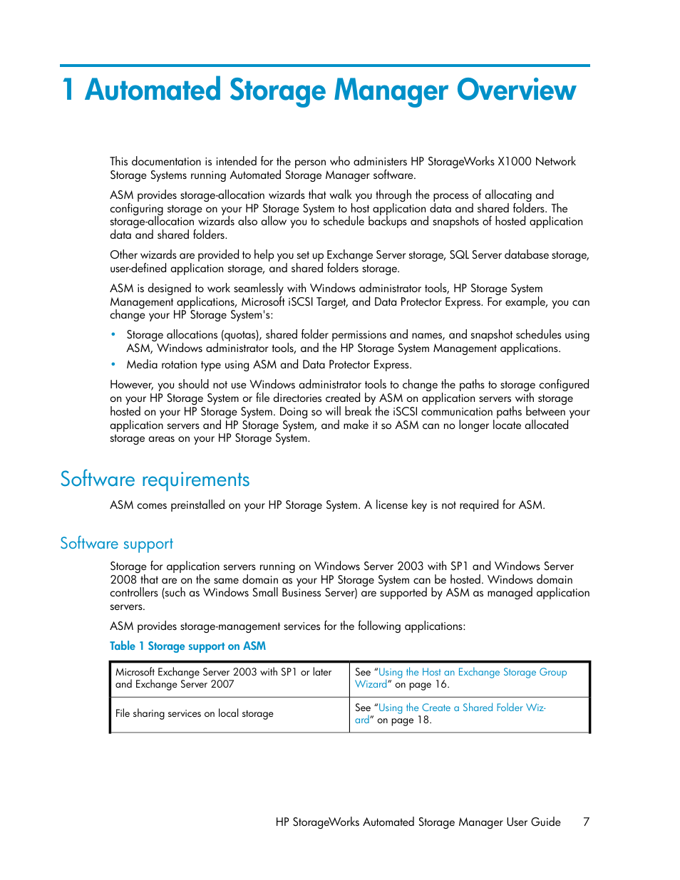 1 automated storage manager overview, Software requirements, Software support | Storage support on asm | HP StoreEasy 1000 Storage User Manual | Page 7 / 72