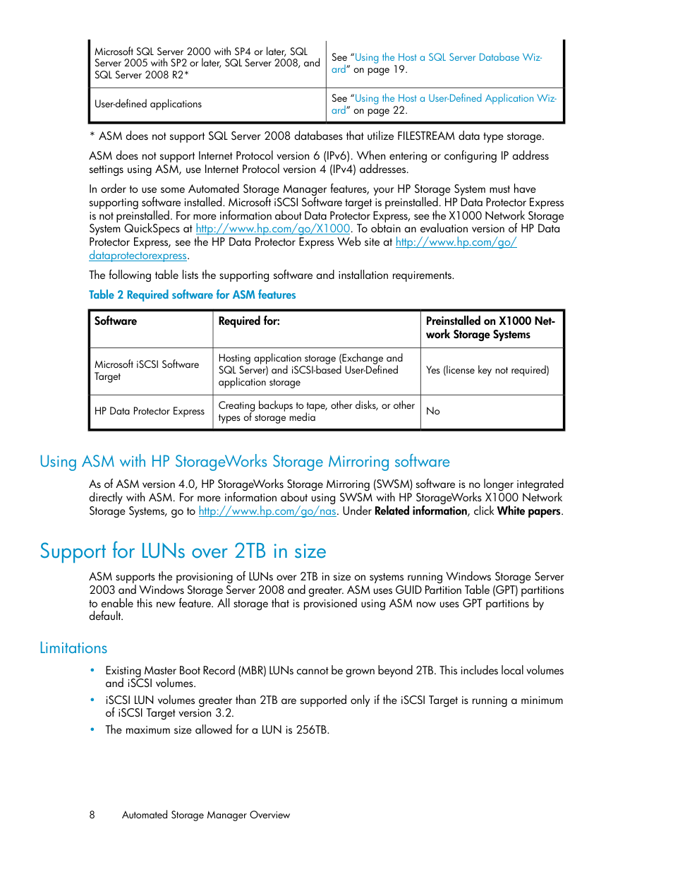 Support for luns over 2tb in size, Required software for asm features, Limitations | HP StoreEasy 1000 Storage User Manual | Page 8 / 72