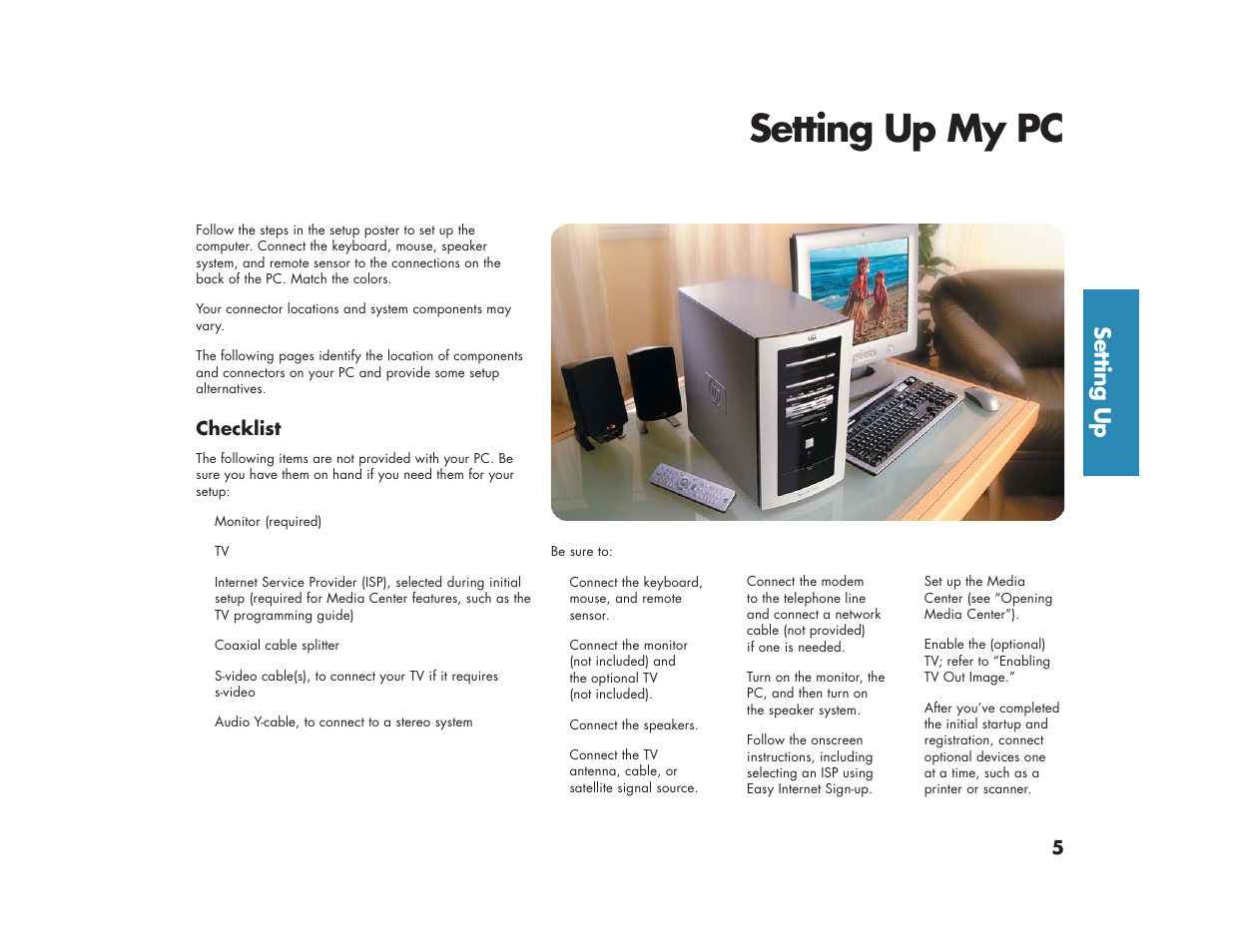 Setting up my pc, Setting up, Checklist | HP Media Center m270 Desktop PC User Manual | Page 13 / 82