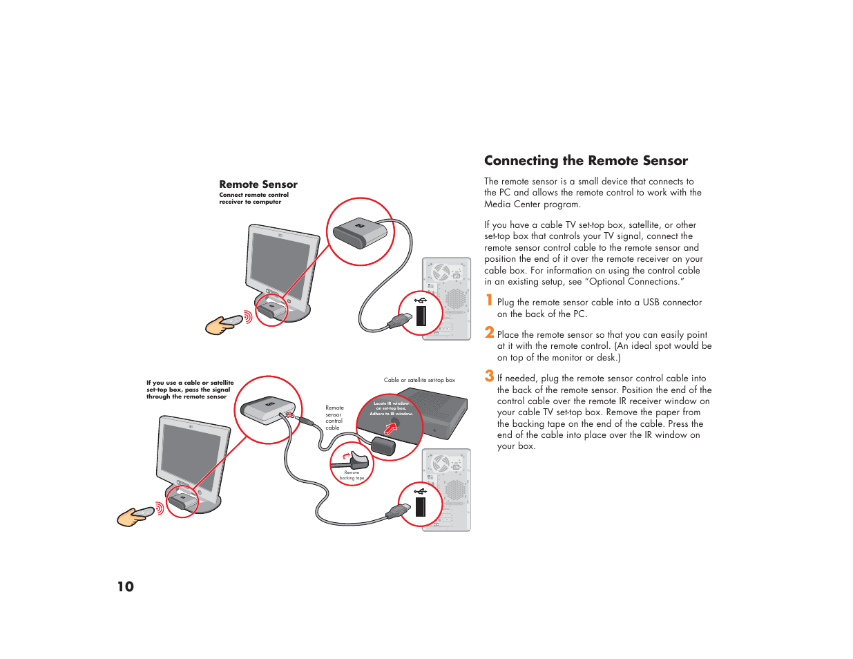 10 connecting the remote sensor | HP Media Center m270 Desktop PC User Manual | Page 18 / 82