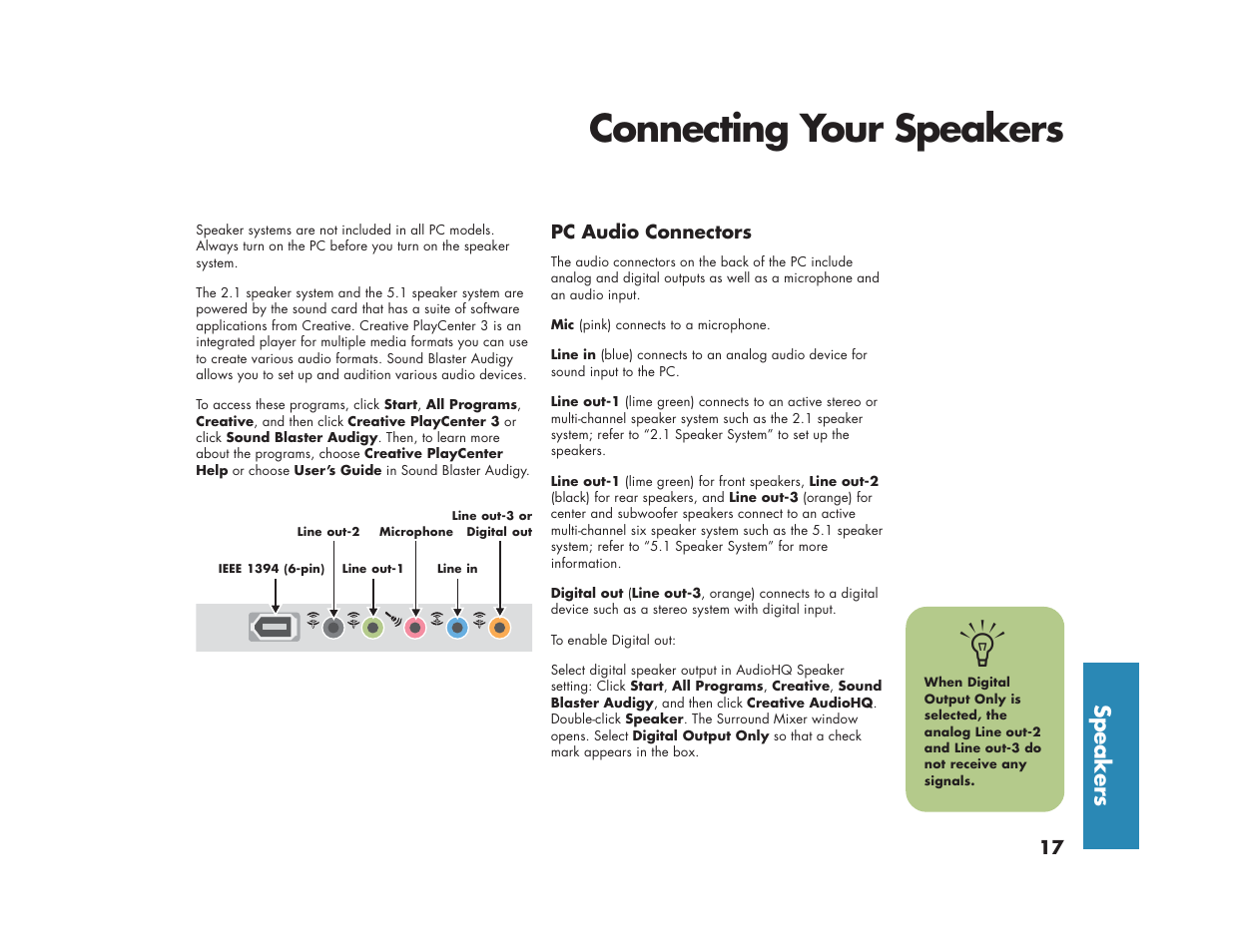 Connecting your speakers, Speakers | HP Media Center m270 Desktop PC User Manual | Page 25 / 82