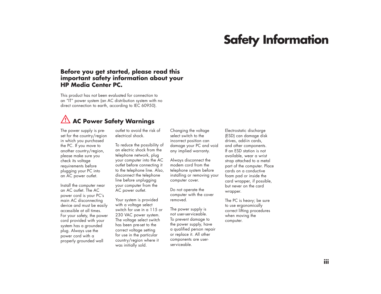 Safety information | HP Media Center m270 Desktop PC User Manual | Page 3 / 82