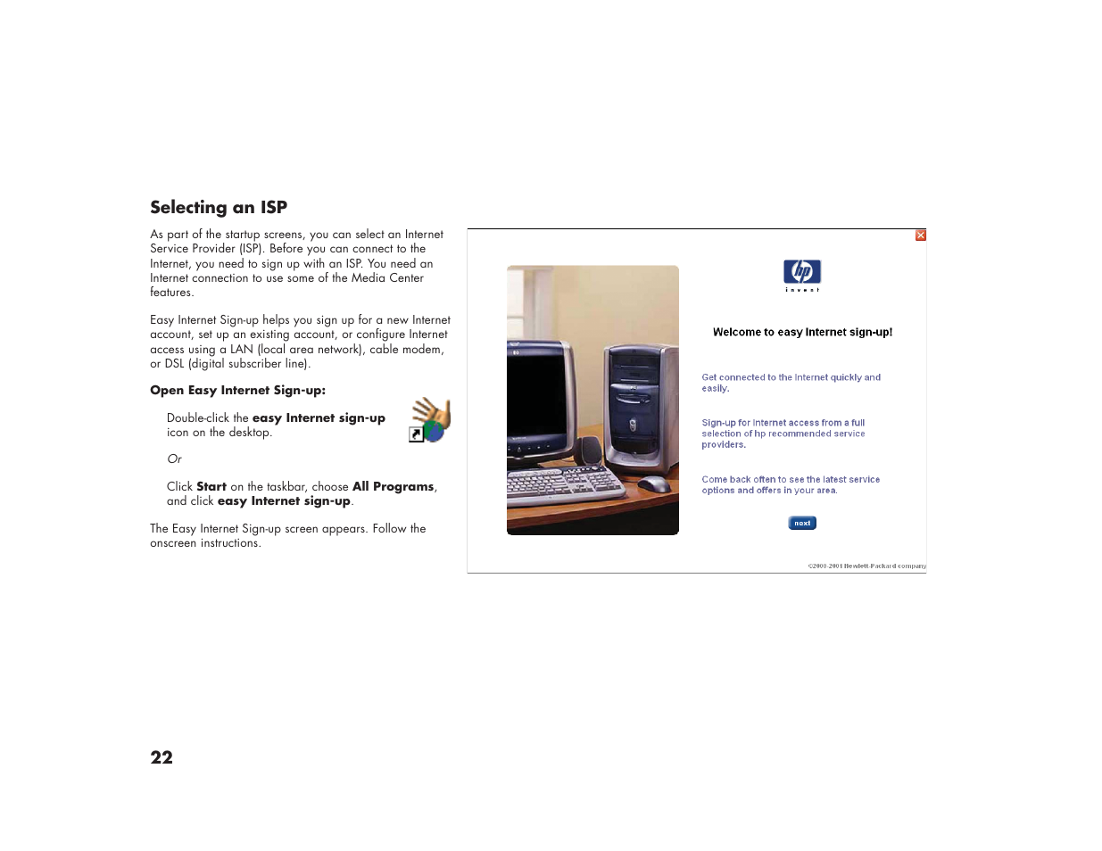 22 selecting an isp | HP Media Center m270 Desktop PC User Manual | Page 30 / 82