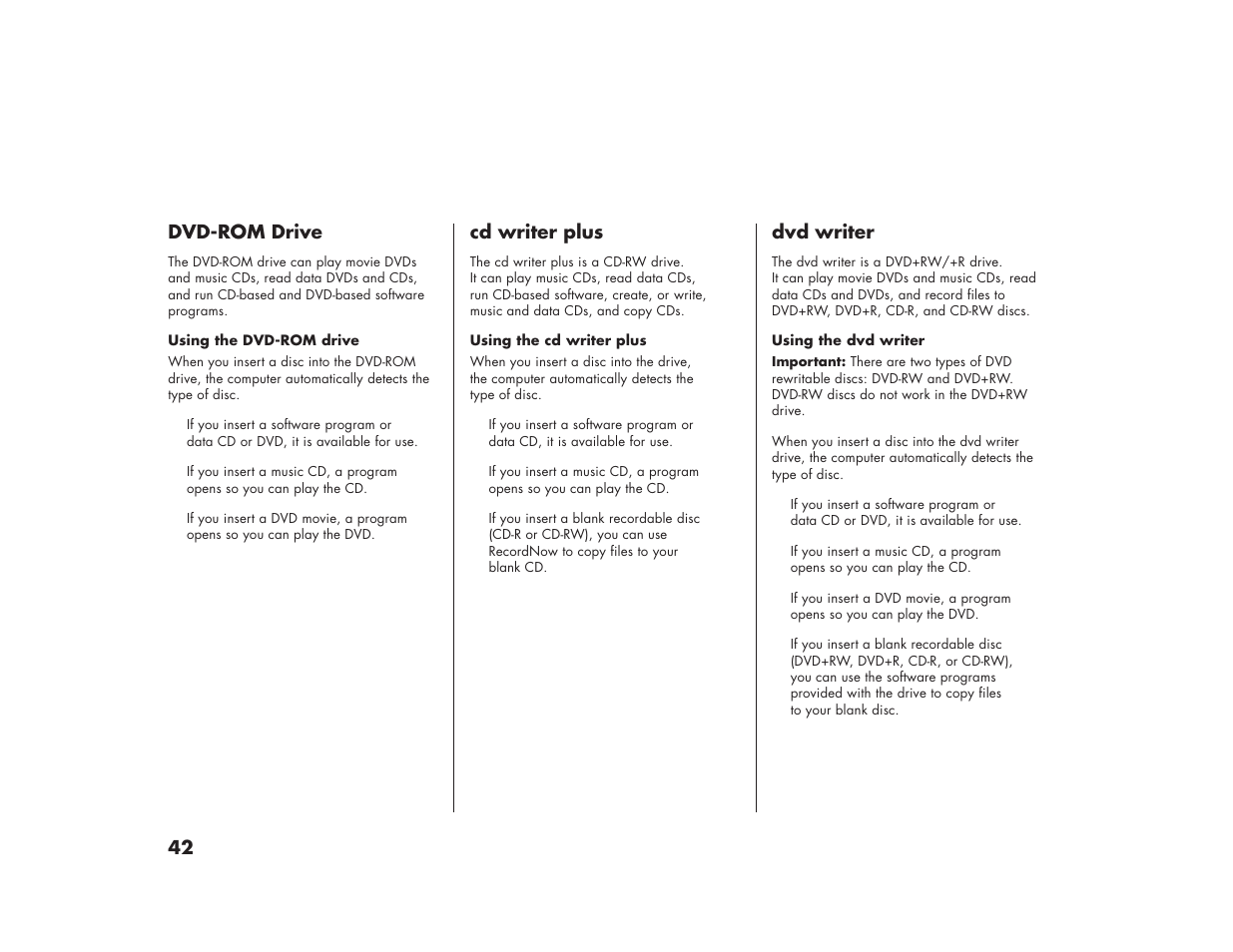 42 cd writer plus, Dvd writer, Dvd-rom drive | HP Media Center m270 Desktop PC User Manual | Page 50 / 82