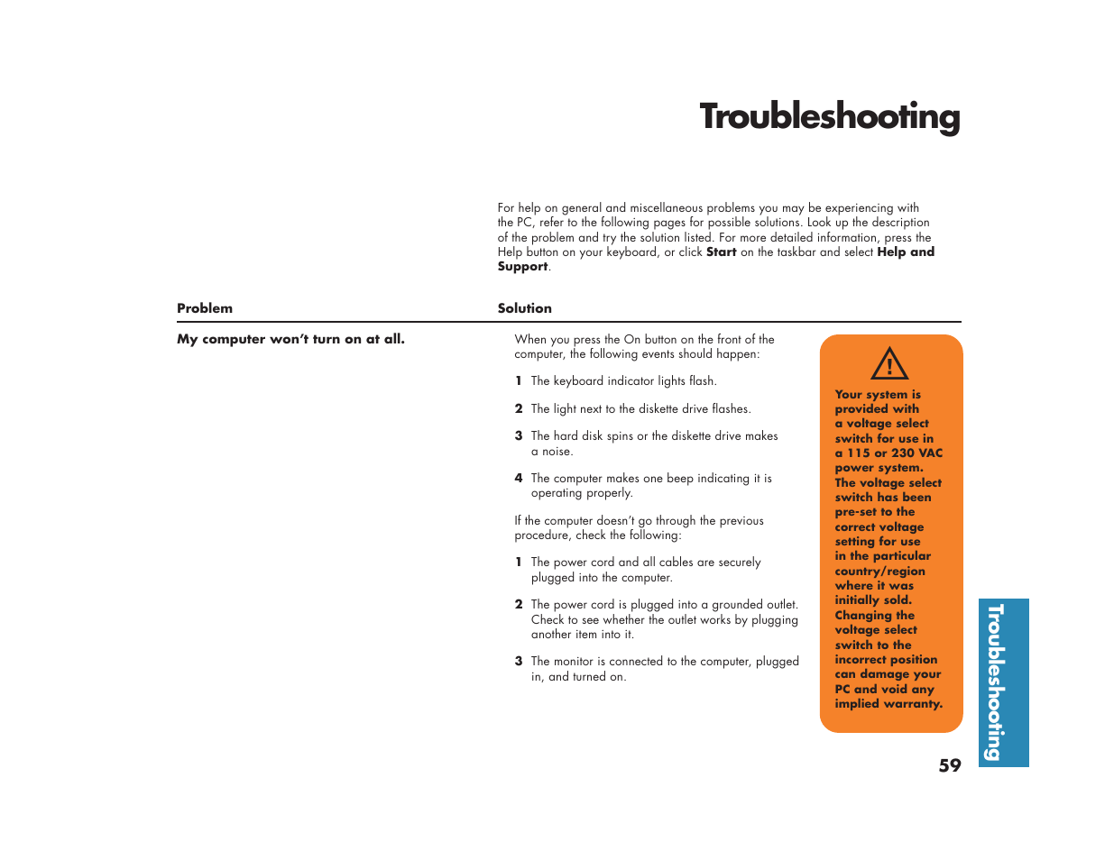 Troubleshooting, Tr oubleshooting | HP Media Center m270 Desktop PC User Manual | Page 67 / 82