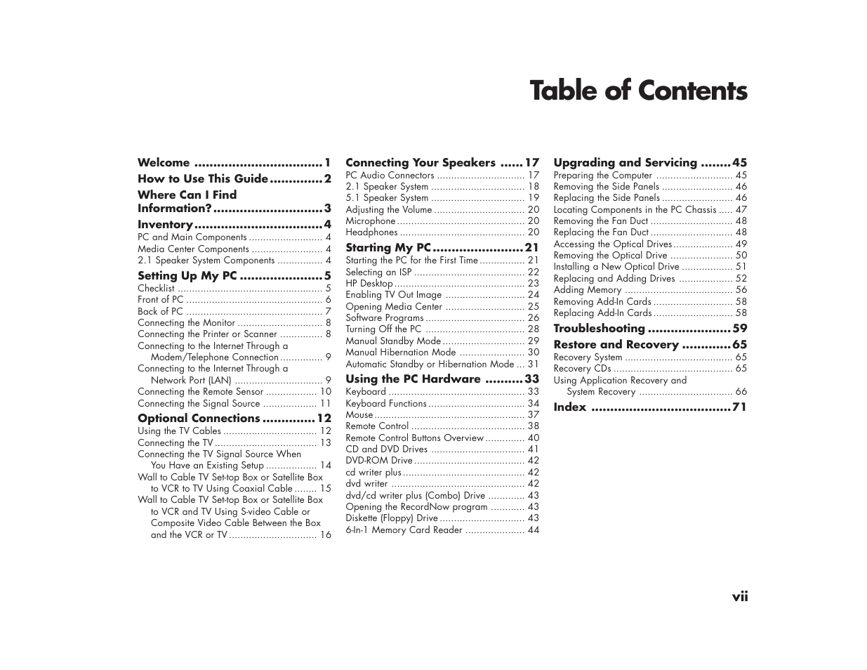 HP Media Center m270 Desktop PC User Manual | Page 7 / 82