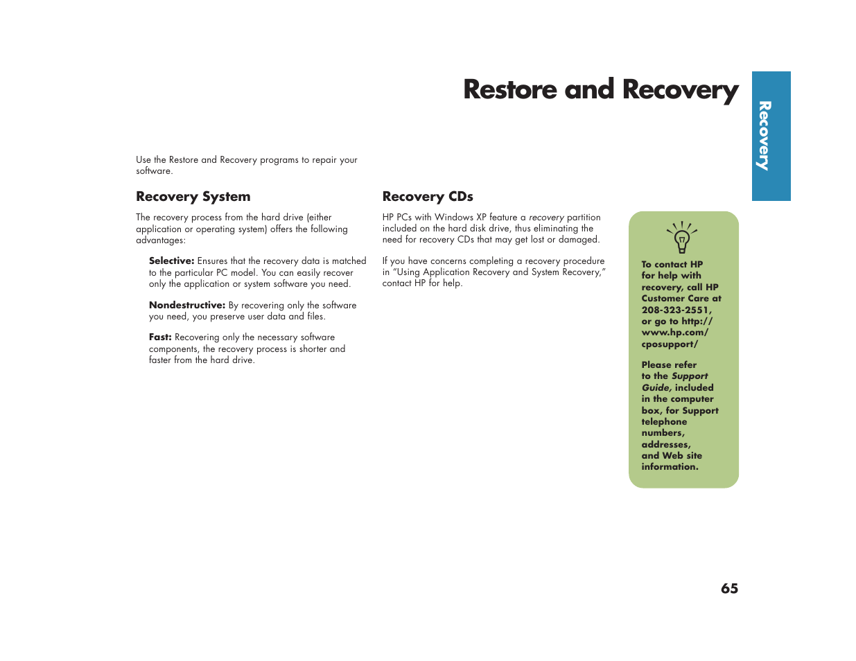 Restore and recovery, Recover y | HP Media Center m270 Desktop PC User Manual | Page 73 / 82