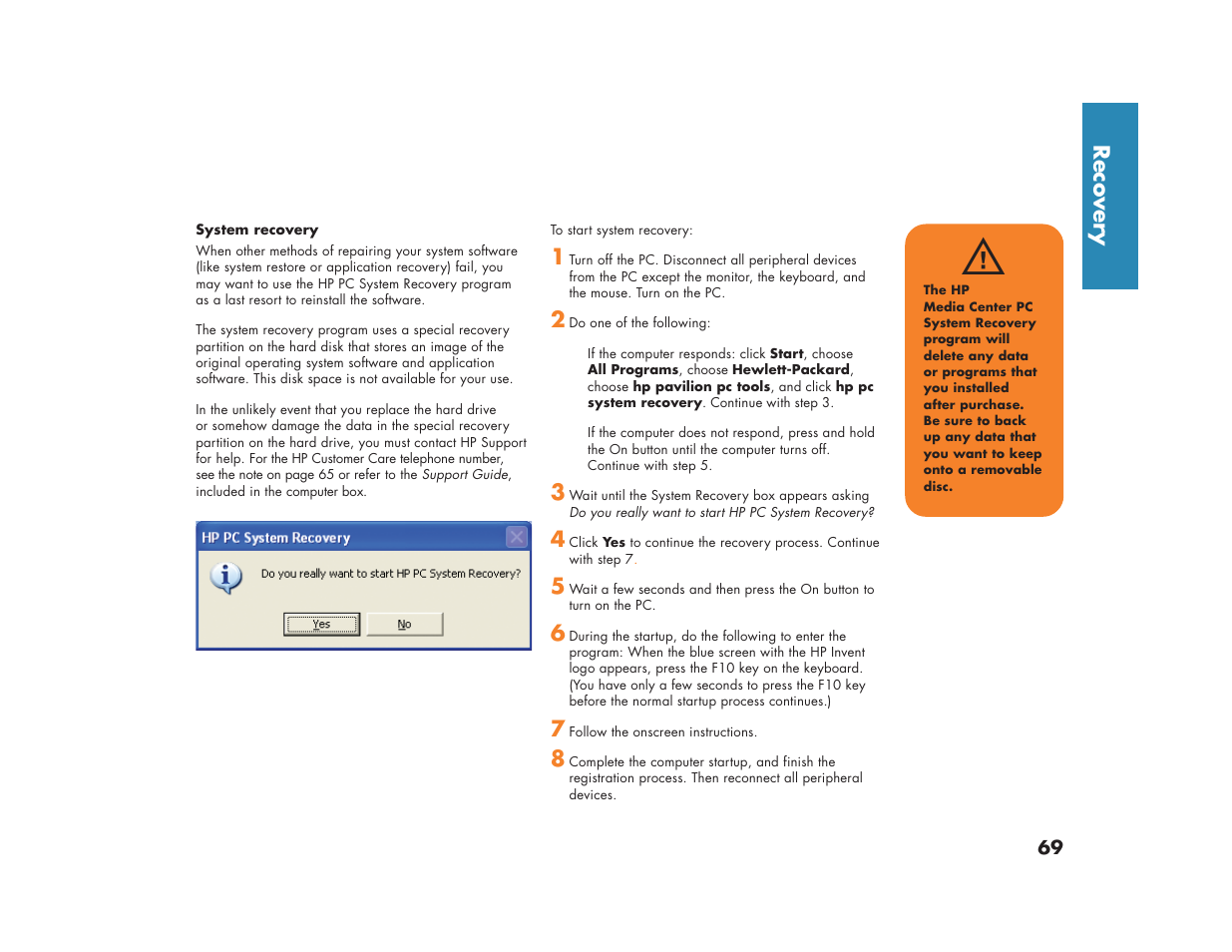 Recover y | HP Media Center m270 Desktop PC User Manual | Page 77 / 82