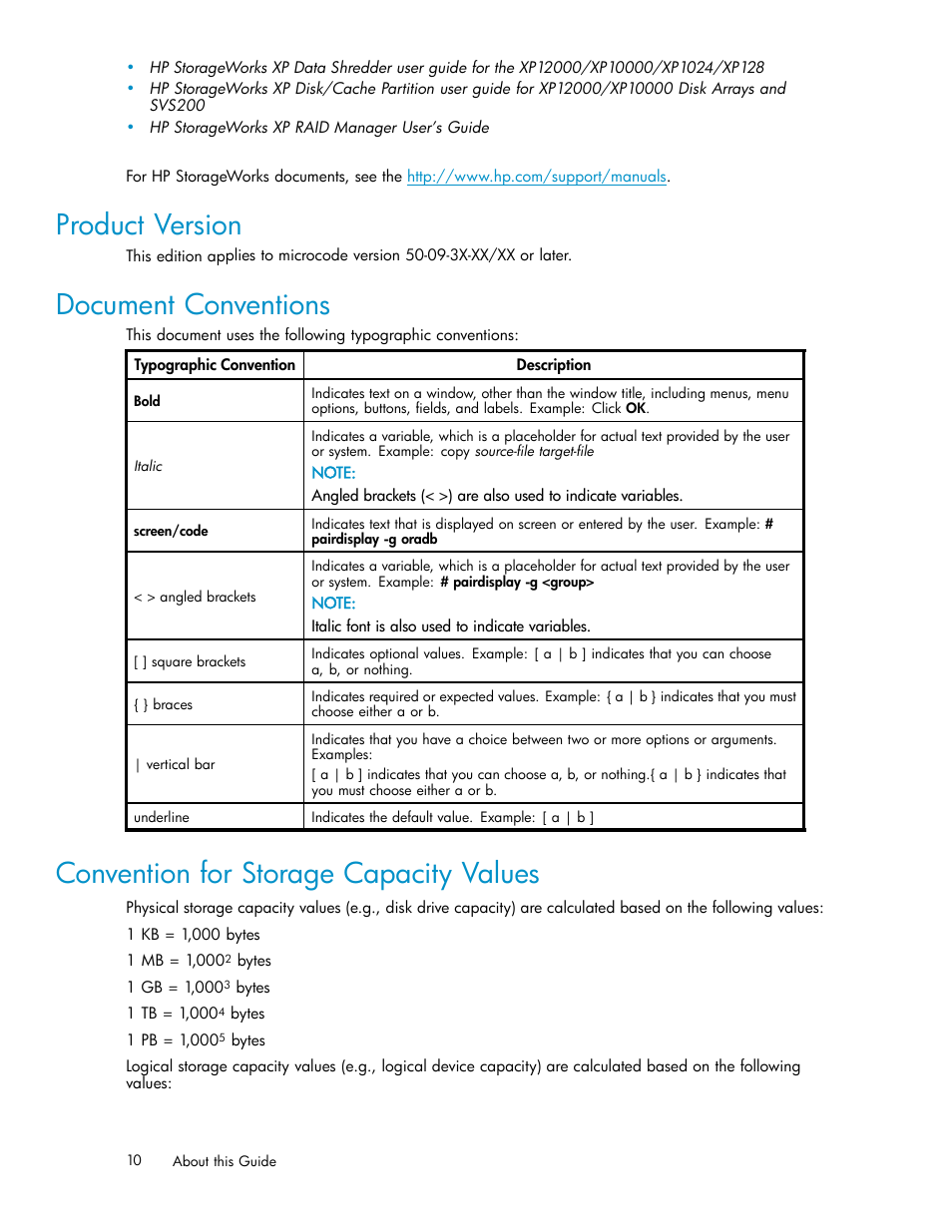 Product version, Document conventions, Convention for storage capacity values | HP StorageWorks XP Remote Web Console Software User Manual | Page 10 / 116