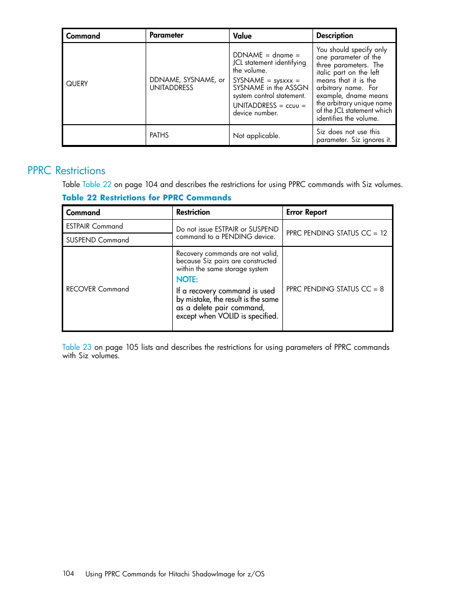 Pprc restrictions, 22 restrictions for pprc commands | HP StorageWorks XP Remote Web Console Software User Manual | Page 104 / 116