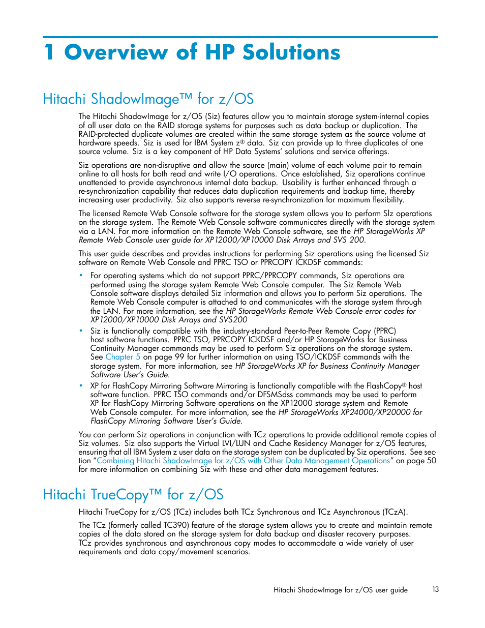 1 overview of hp solutions, Hitachi shadowimage for z/os, Hitachi truecopy for z/os | Hitachi shadowimage™ for z/os, Hitachi truecopy™ for z/os | HP StorageWorks XP Remote Web Console Software User Manual | Page 13 / 116