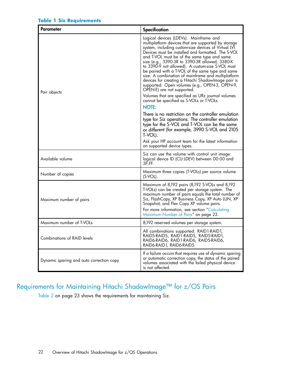 1 siz requirements, Table 1 | HP StorageWorks XP Remote Web Console Software User Manual | Page 22 / 116