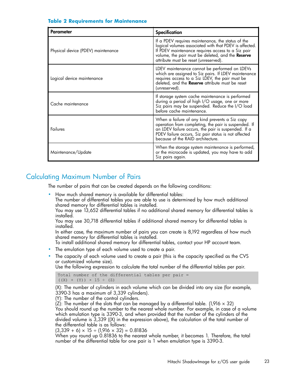 Calculating maximum number of pairs, 2 requirements for maintenance, Calculating | Maximum number of pairs, Table 2 | HP StorageWorks XP Remote Web Console Software User Manual | Page 23 / 116