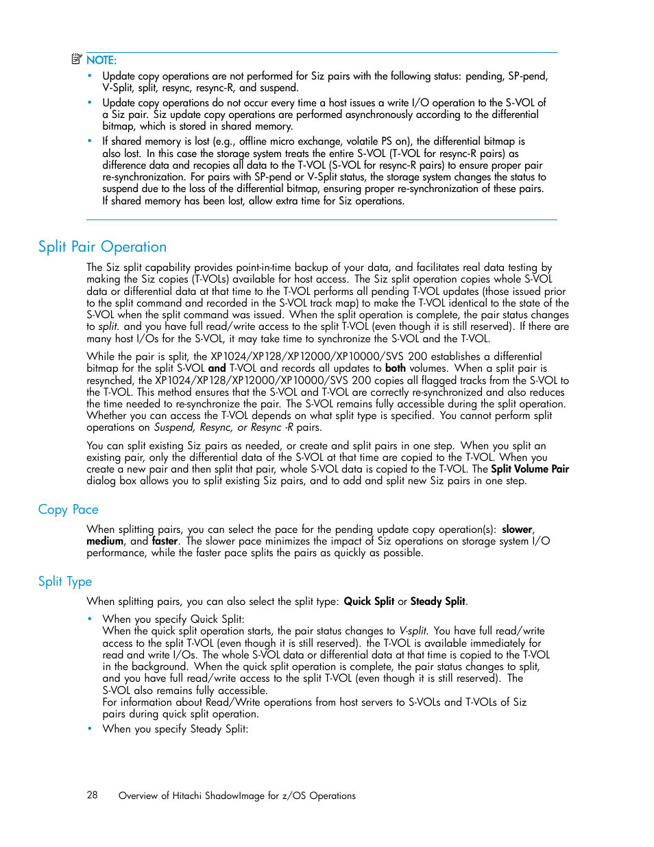 Split pair operation, Copy pace, Split type | HP StorageWorks XP Remote Web Console Software User Manual | Page 28 / 116