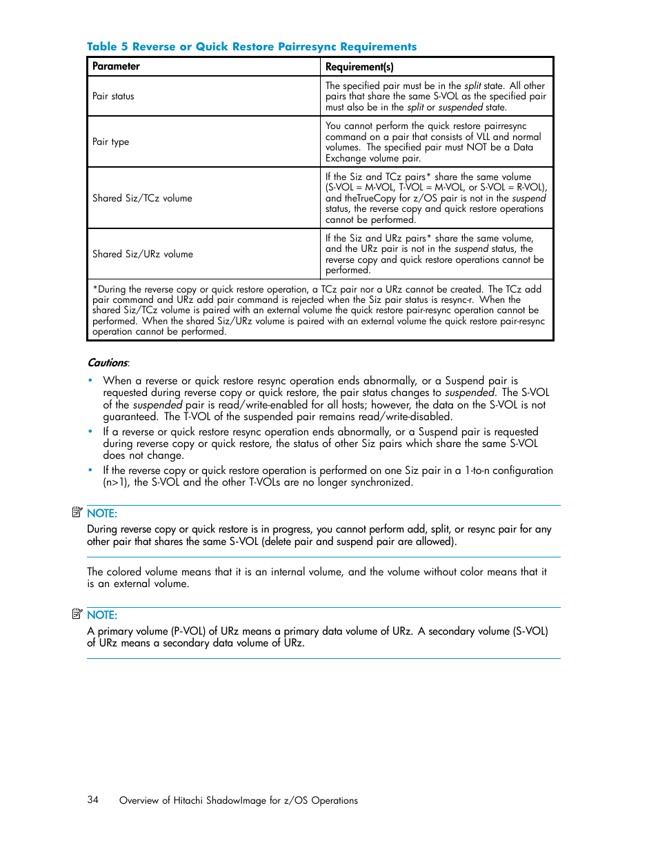 5 reverse or quick restore pairresync requirements, Table 5 | HP StorageWorks XP Remote Web Console Software User Manual | Page 34 / 116