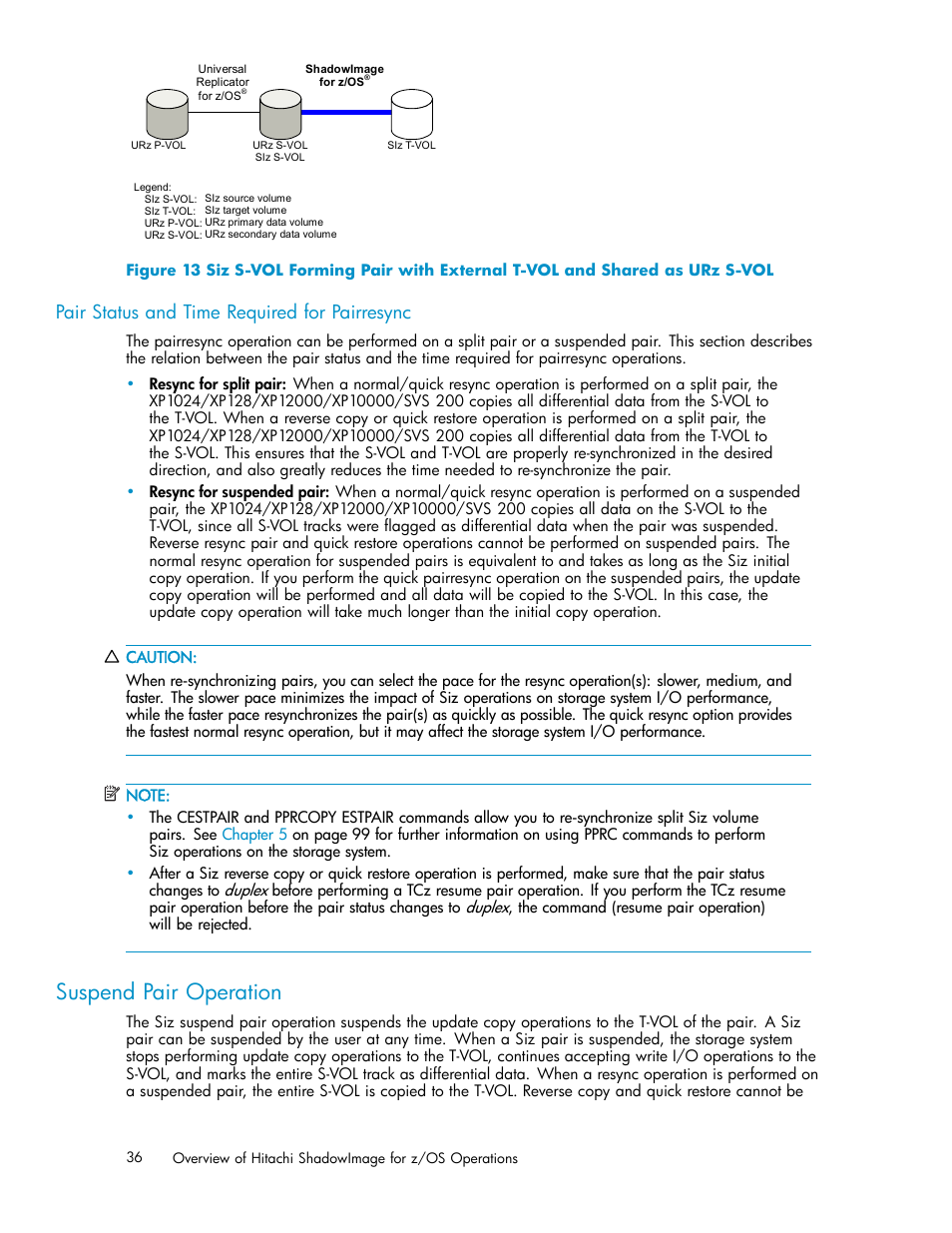 Pair status and time required for pairresync, Suspend pair operation | HP StorageWorks XP Remote Web Console Software User Manual | Page 36 / 116
