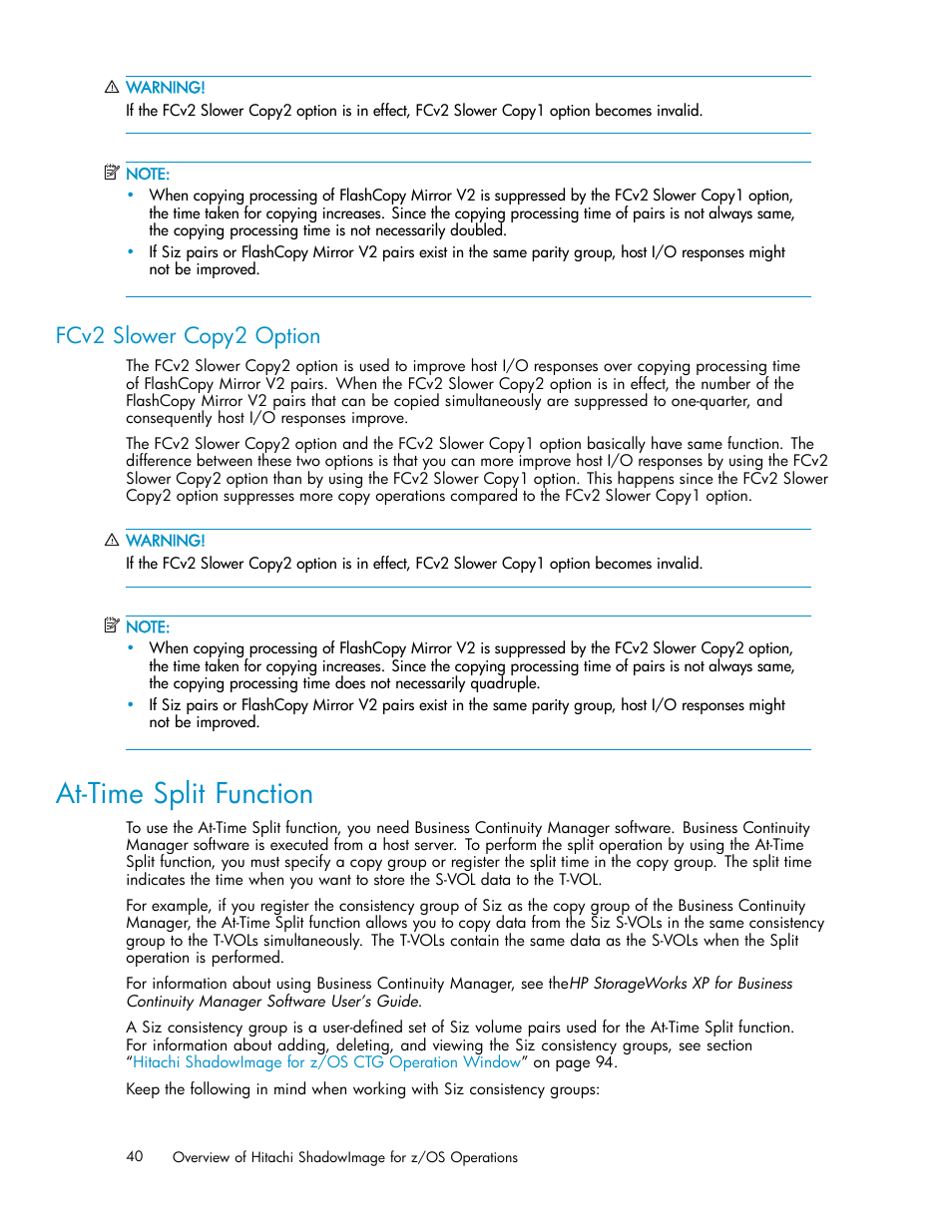 Fcv2 slower copy2 option, At-time split function, Fcv2 slower copy2 | Option | HP StorageWorks XP Remote Web Console Software User Manual | Page 40 / 116