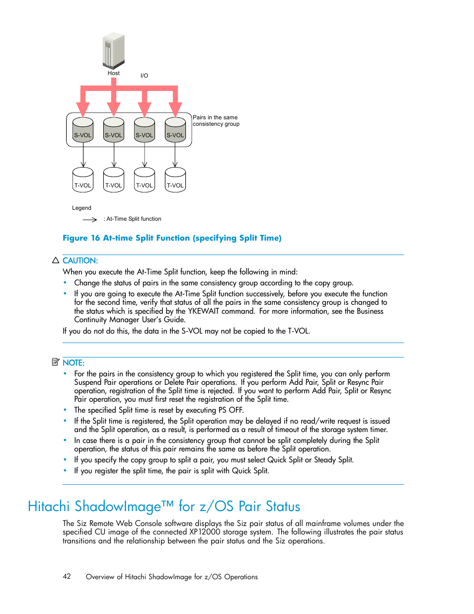 Hitachi shadowimage for z/os pair status, 16 at-time split function (specifying split time), Hitachi shadowimage™ for z/os pair status | HP StorageWorks XP Remote Web Console Software User Manual | Page 42 / 116