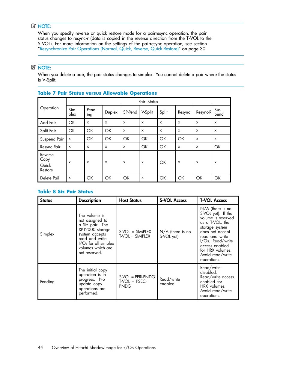 7 pair status versus allowable operations, 8 siz pair status | HP StorageWorks XP Remote Web Console Software User Manual | Page 44 / 116