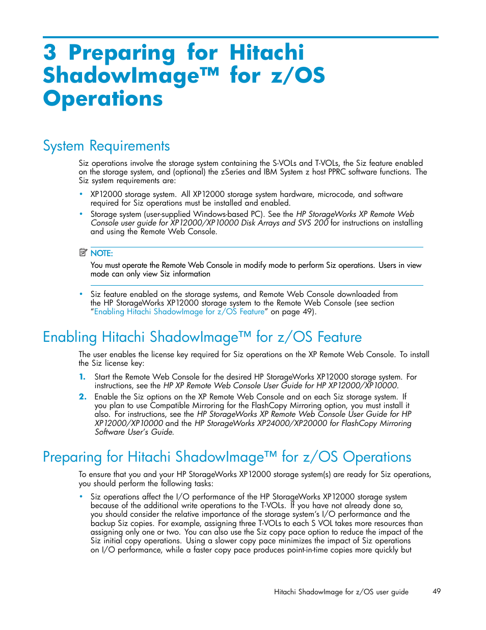 System requirements, Enabling hitachi shadowimage for z/os feature, Enabling hitachi shadowimage™ for z/os feature | HP StorageWorks XP Remote Web Console Software User Manual | Page 49 / 116