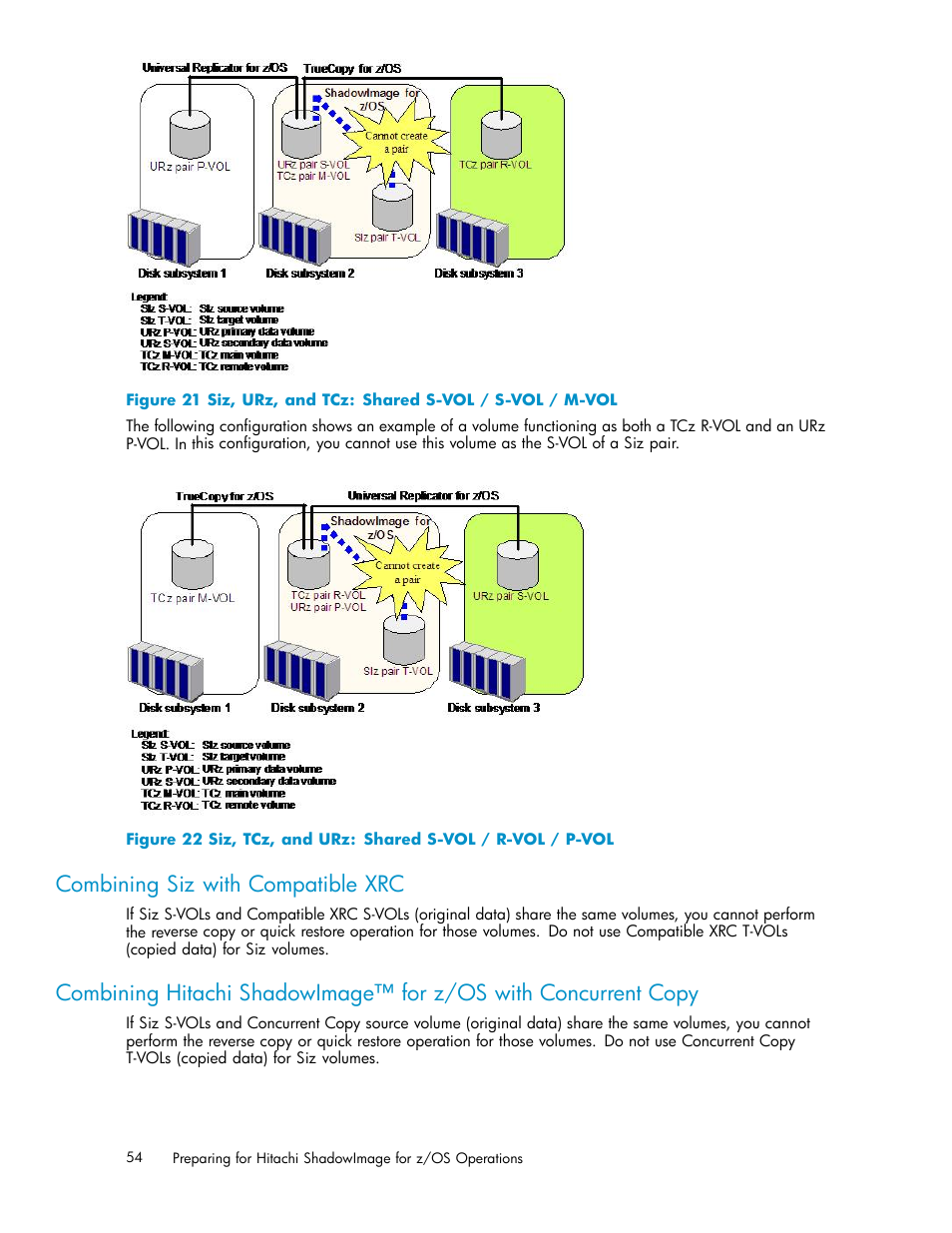 Combining siz with compatible xrc, 21 siz, urz, and tcz: shared s-vol / s-vol / m-vol, 22 siz, tcz, and urz: shared s-vol / r-vol / p-vol | HP StorageWorks XP Remote Web Console Software User Manual | Page 54 / 116