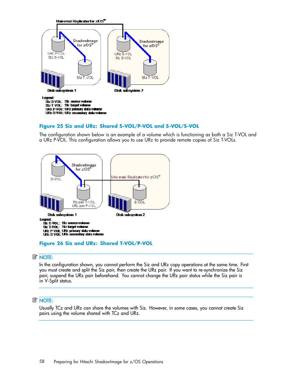 25 siz and urz: shared s-vol/p-vol and s-vol/s-vol, 26 siz and urz: shared t-vol/p-vol | HP StorageWorks XP Remote Web Console Software User Manual | Page 58 / 116