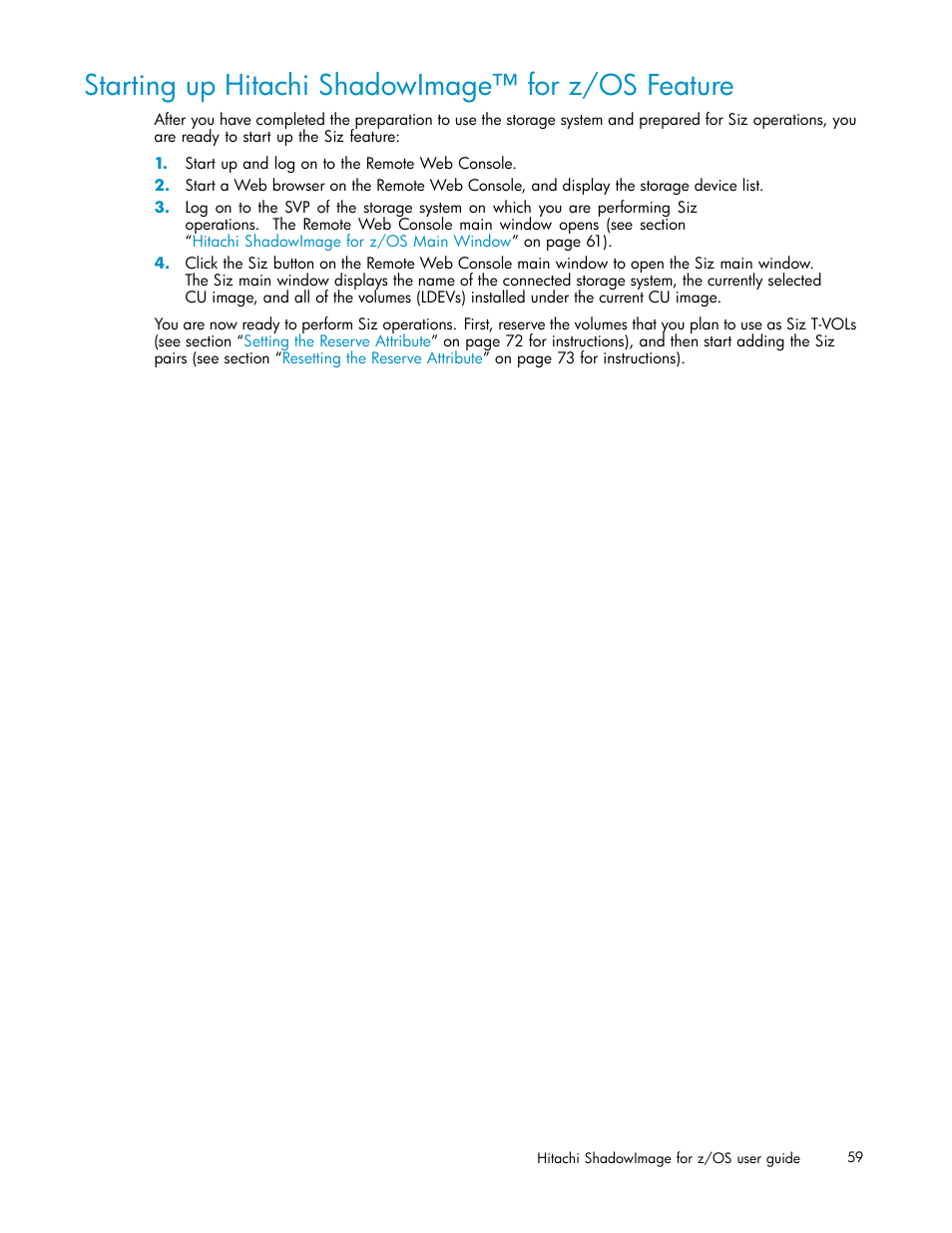 Starting up hitachi shadowimage for z/os feature, Starting up hitachi shadowimage™ for z/os feature | HP StorageWorks XP Remote Web Console Software User Manual | Page 59 / 116