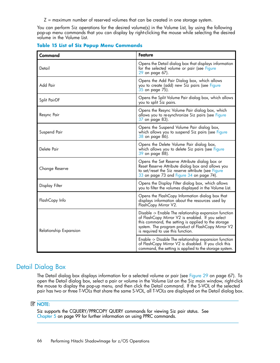 Detail dialog box, 15 list of siz popup menu commands | HP StorageWorks XP Remote Web Console Software User Manual | Page 66 / 116