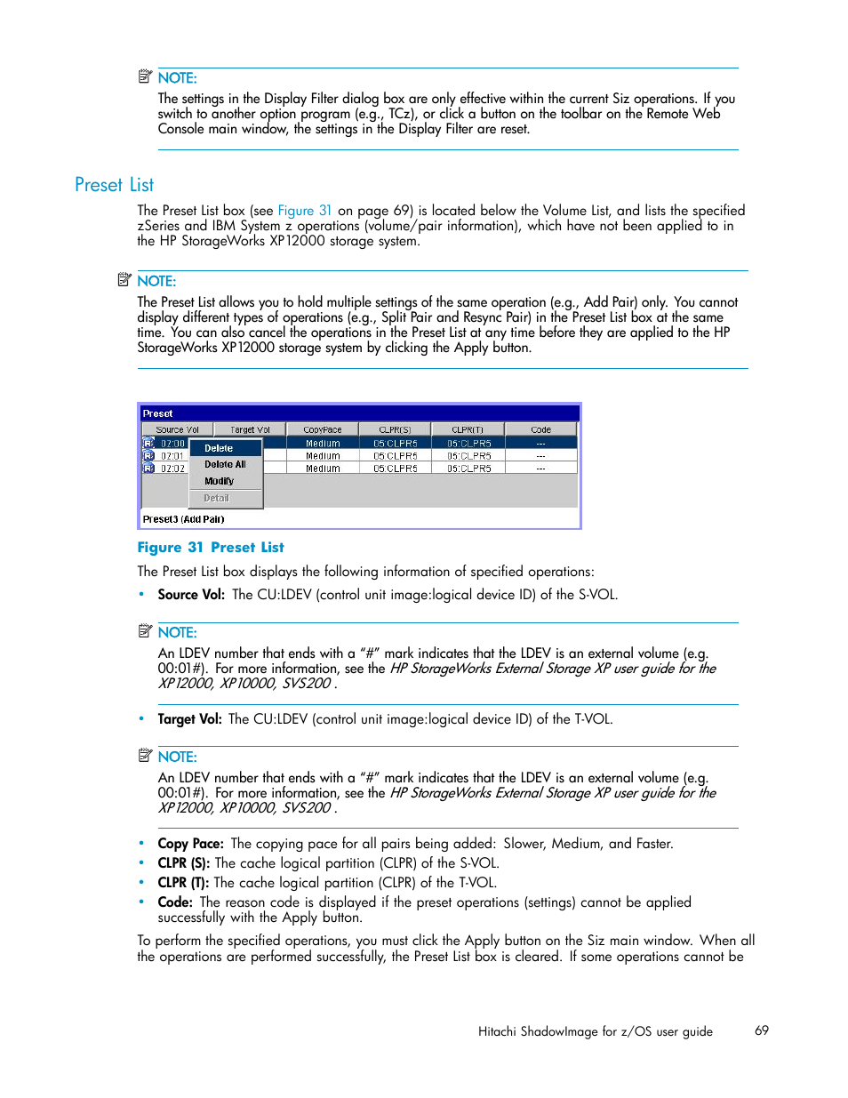 Preset list, 31 preset list | HP StorageWorks XP Remote Web Console Software User Manual | Page 69 / 116