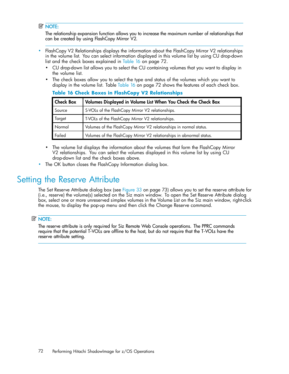 Setting the reserve attribute, 16 check boxes in flashcopy v2 relationships | HP StorageWorks XP Remote Web Console Software User Manual | Page 72 / 116