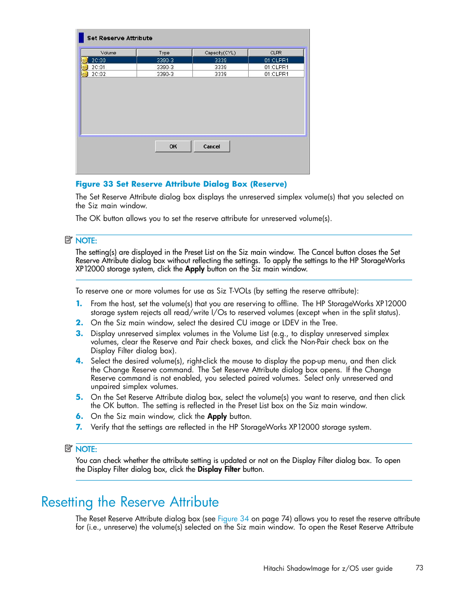 Resetting the reserve attribute, 33 set reserve attribute dialog box (reserve), Figure | Figure 33 | HP StorageWorks XP Remote Web Console Software User Manual | Page 73 / 116