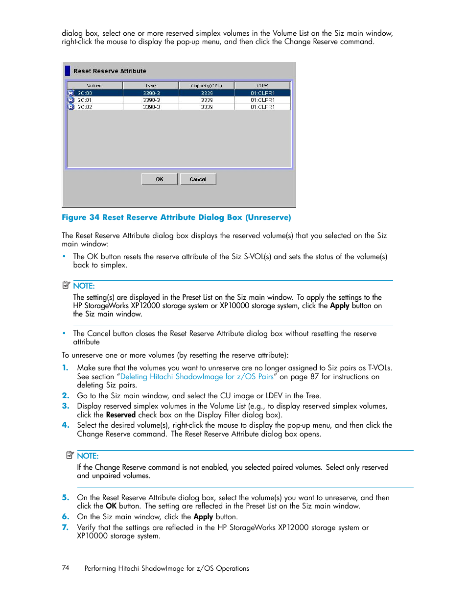 34 reset reserve attribute dialog box (unreserve), Figure 34 | HP StorageWorks XP Remote Web Console Software User Manual | Page 74 / 116