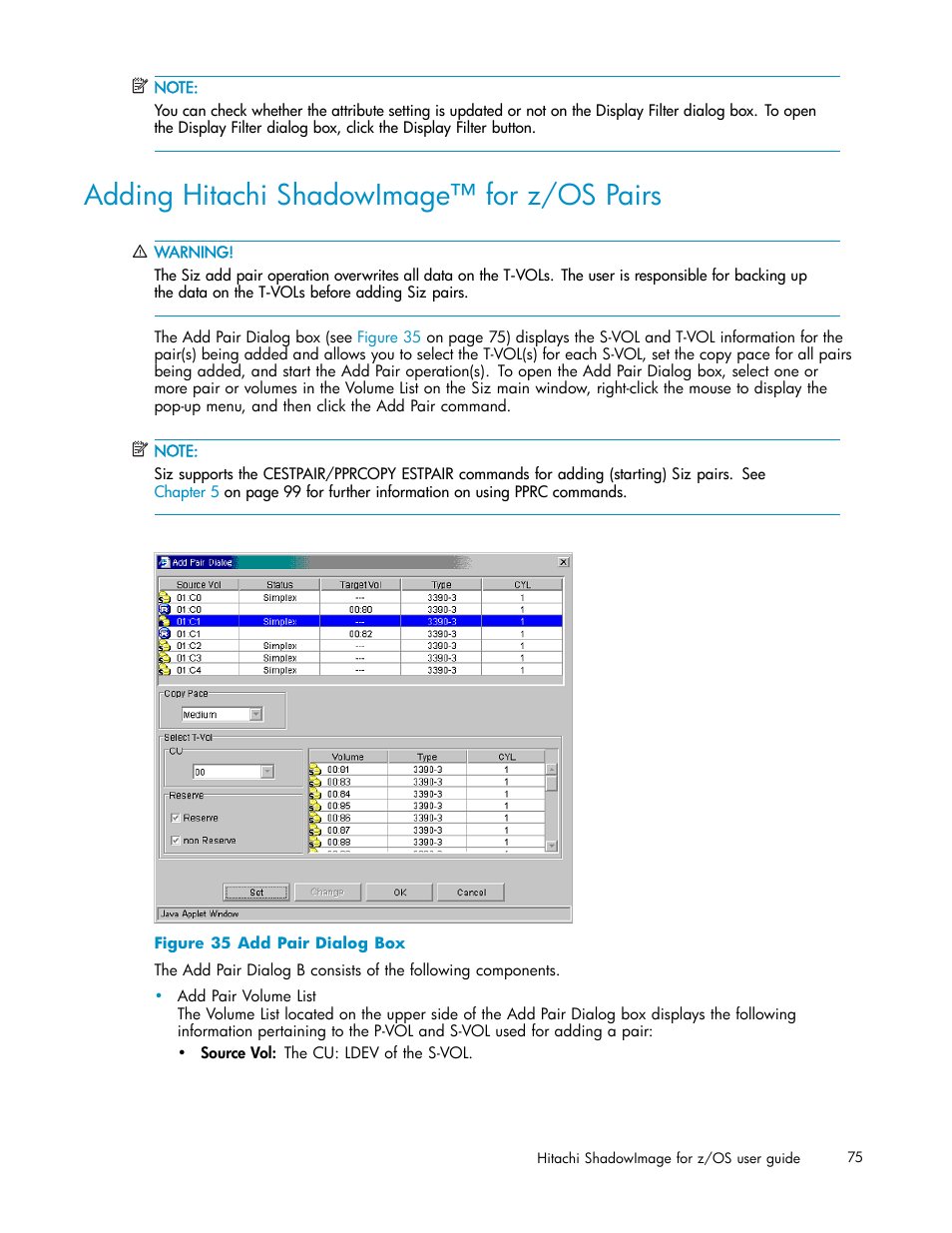 Adding hitachi shadowimage for z/os pairs, 35 add pair dialog box, Figure | Adding hitachi shadowimage™ for z/os pairs | HP StorageWorks XP Remote Web Console Software User Manual | Page 75 / 116