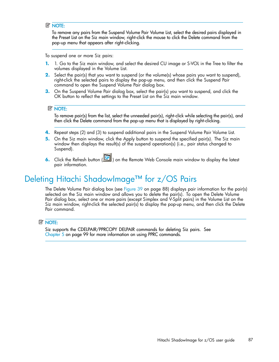 Deleting hitachi shadowimage for z/os pairs, Deleting hitachi shadowimage™ for z/os pairs | HP StorageWorks XP Remote Web Console Software User Manual | Page 87 / 116