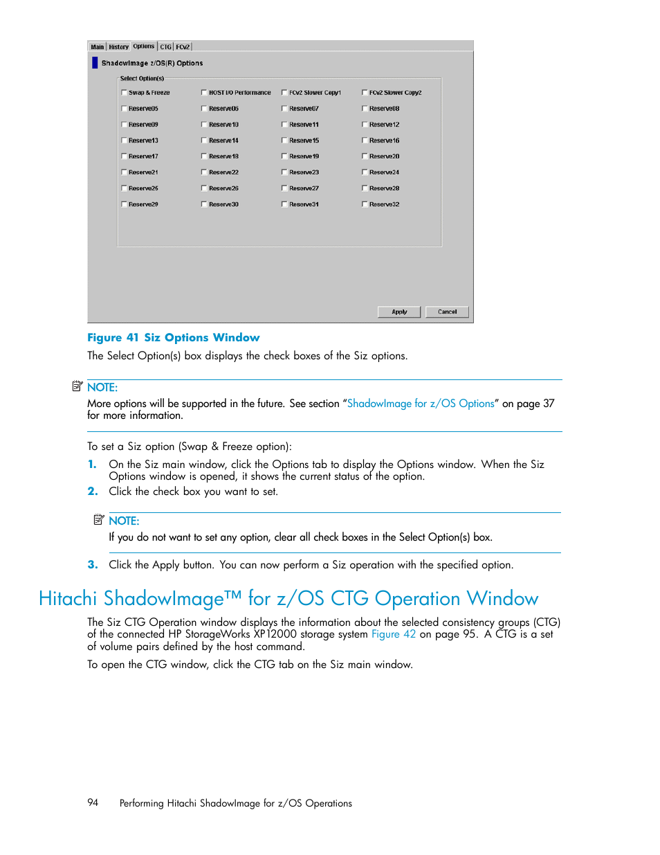 Hitachi shadowimage for z/os ctg operation window, 41 siz options window, Hitachi shadowimage™ for z/os ctg operation window | HP StorageWorks XP Remote Web Console Software User Manual | Page 94 / 116