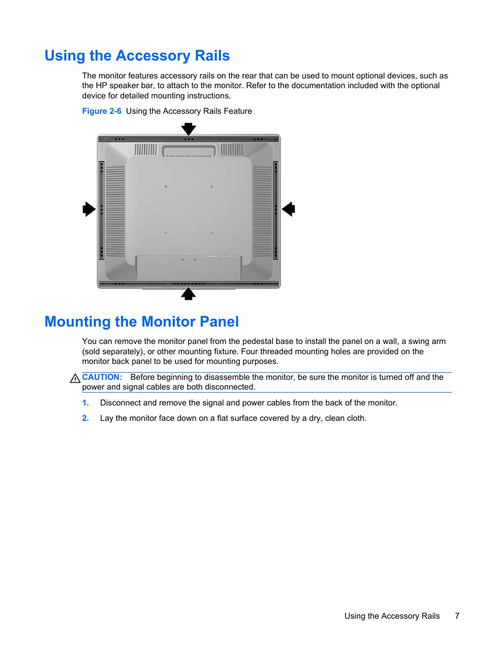 Using the accessory rails, Mounting the monitor panel | HP ProDisplay P19A 19-inch LED Backlit Monitor User Manual | Page 13 / 18