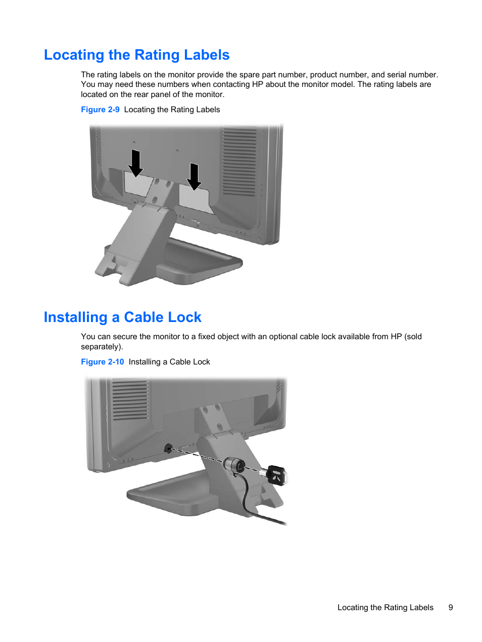 Locating the rating labels, Installing a cable lock, Locating the rating labels installing a cable lock | HP ProDisplay P19A 19-inch LED Backlit Monitor User Manual | Page 15 / 18