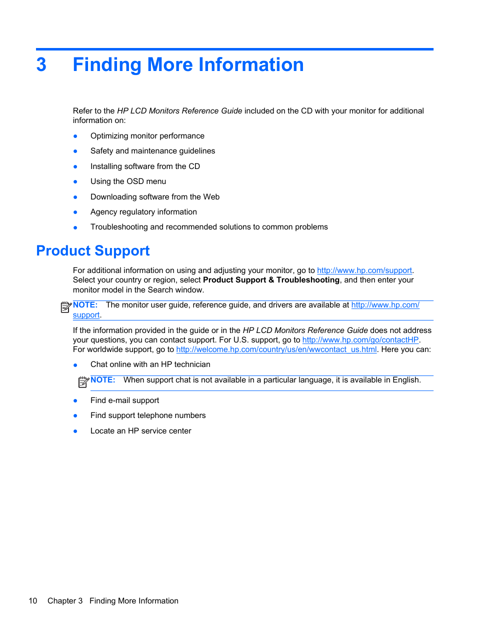 Finding more information, Product support, 3 finding more information | 3finding more information | HP ProDisplay P19A 19-inch LED Backlit Monitor User Manual | Page 16 / 18