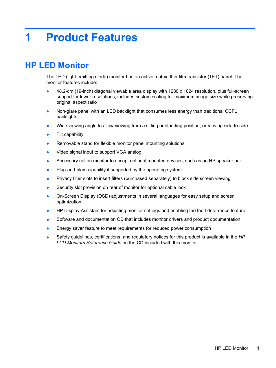 Product features, Hp led monitor, 1 product features | 1product features | HP ProDisplay P19A 19-inch LED Backlit Monitor User Manual | Page 7 / 18