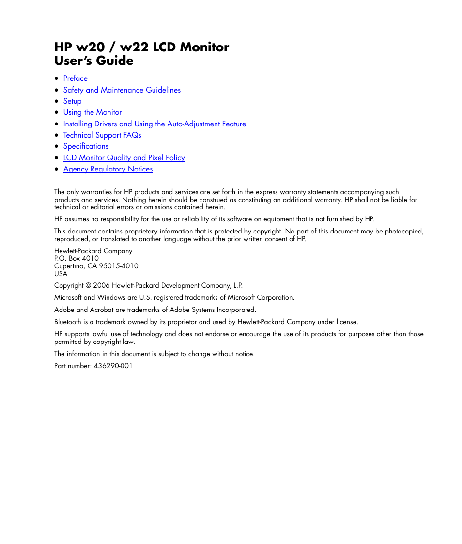 HP w22 20 inch LCD Monitor User Manual | 32 pages