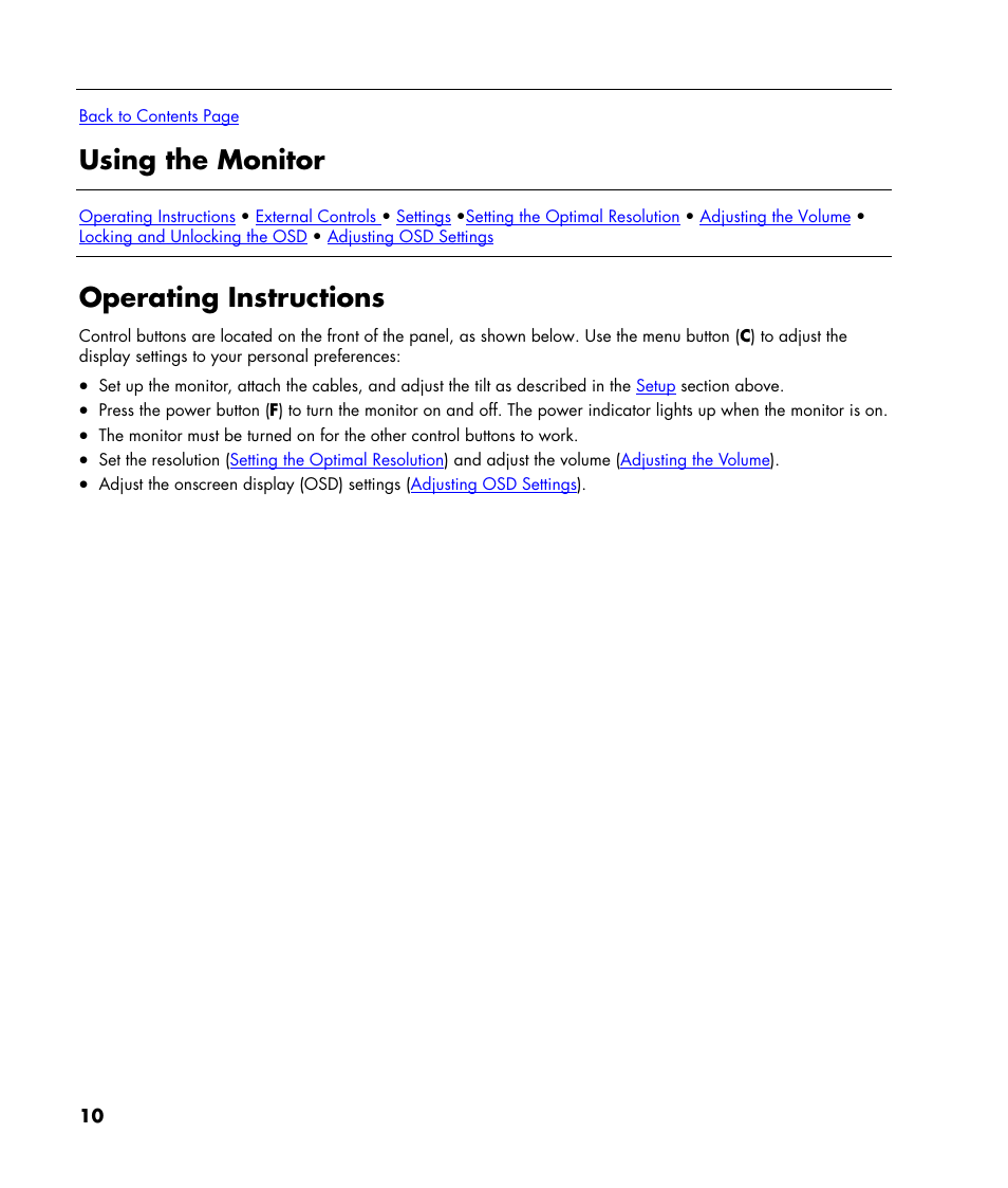 Using the monitor, Operating instructions | HP w22 20 inch LCD Monitor User Manual | Page 10 / 32