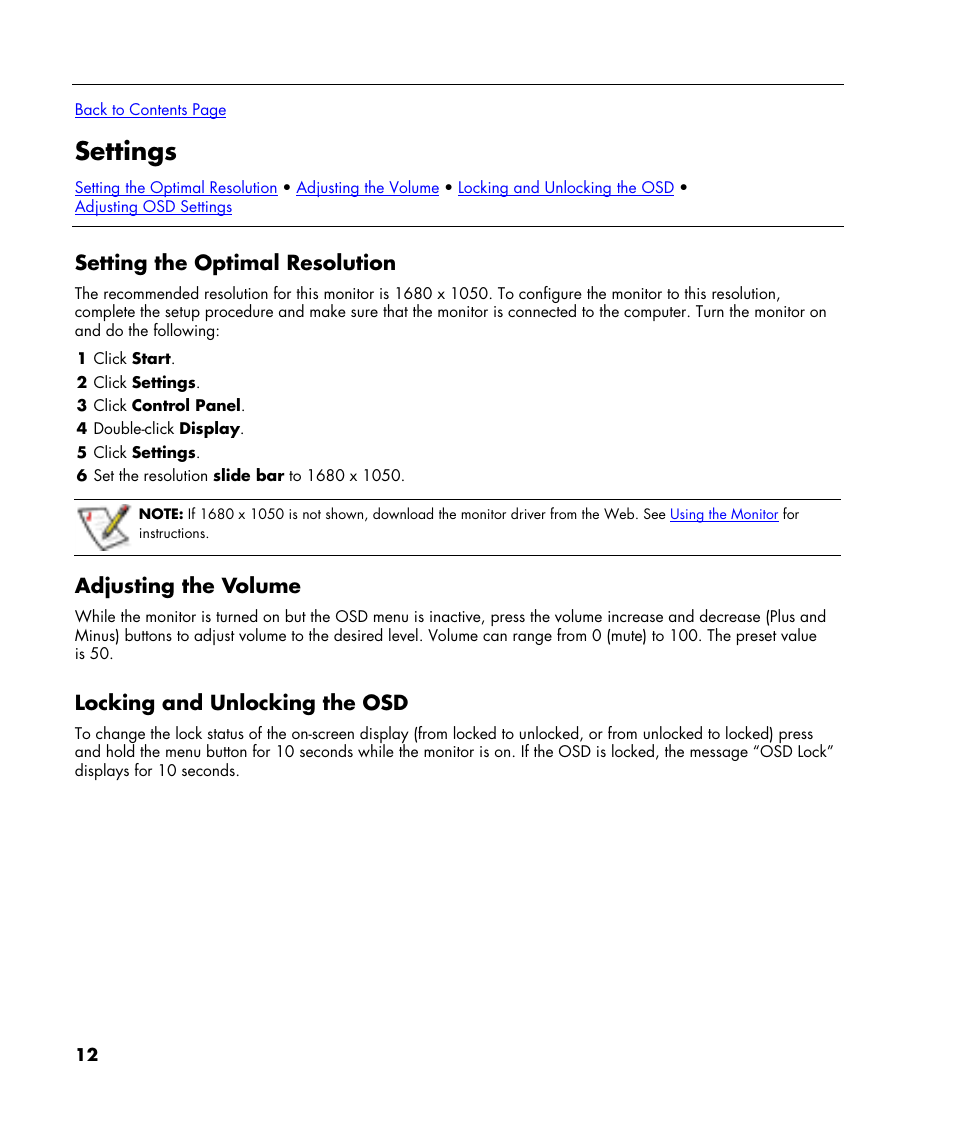 Settings, Setting the optimal resolution, Adjusting the volume | Locking and unlocking the osd, St the volume | HP w22 20 inch LCD Monitor User Manual | Page 12 / 32