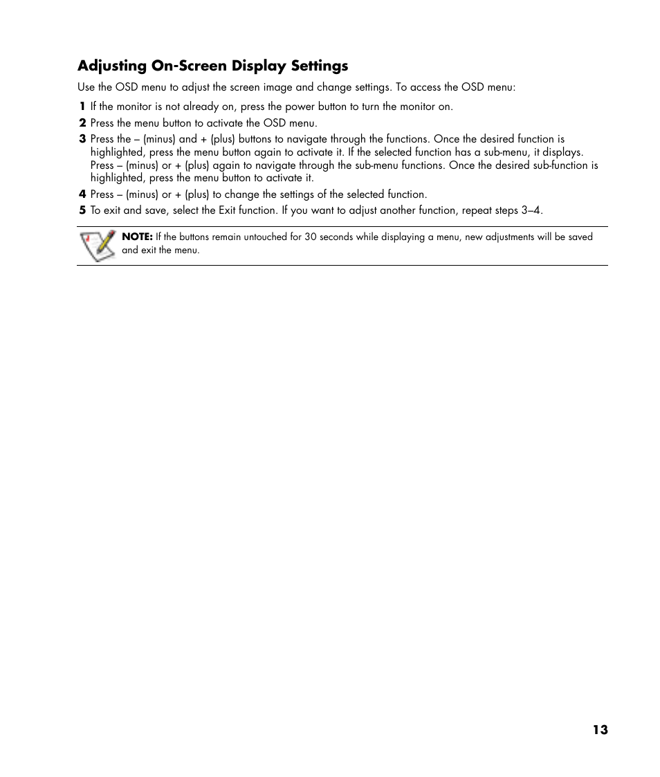 Adjusting on-screen display settings, Adjusting osd settings | HP w22 20 inch LCD Monitor User Manual | Page 13 / 32