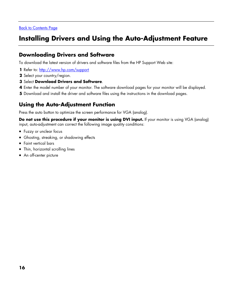 Downloading drivers and software, Using the auto-adjustment function | HP w22 20 inch LCD Monitor User Manual | Page 16 / 32
